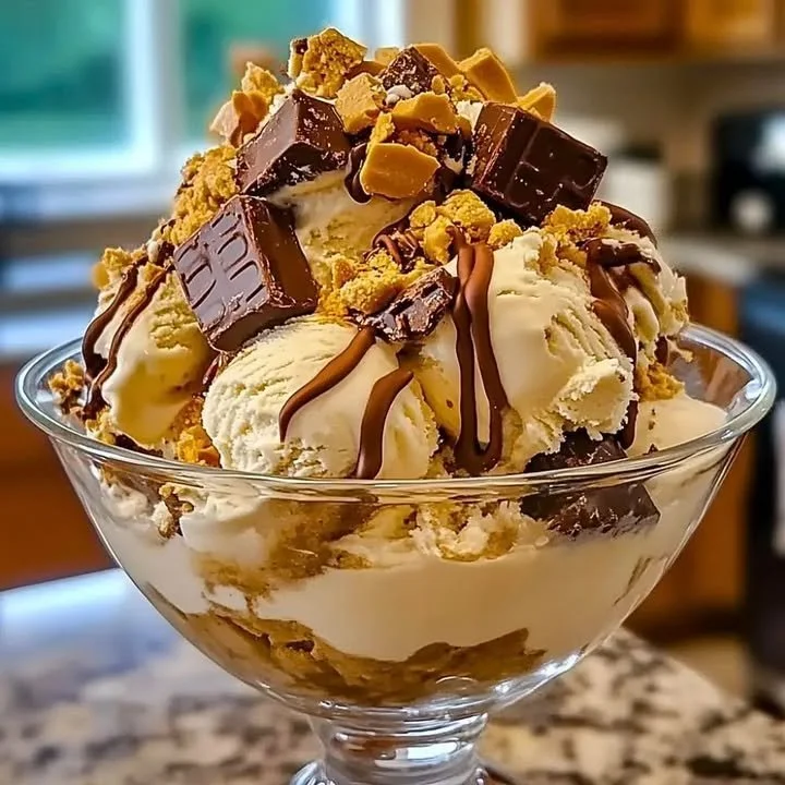 Snickers Reese's cookie dough ice cream in a bowl with chocolate drizzle
