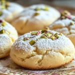 Soft ricotta pistachio pillow cookies on a white plate, garnished with crushed pistachios.