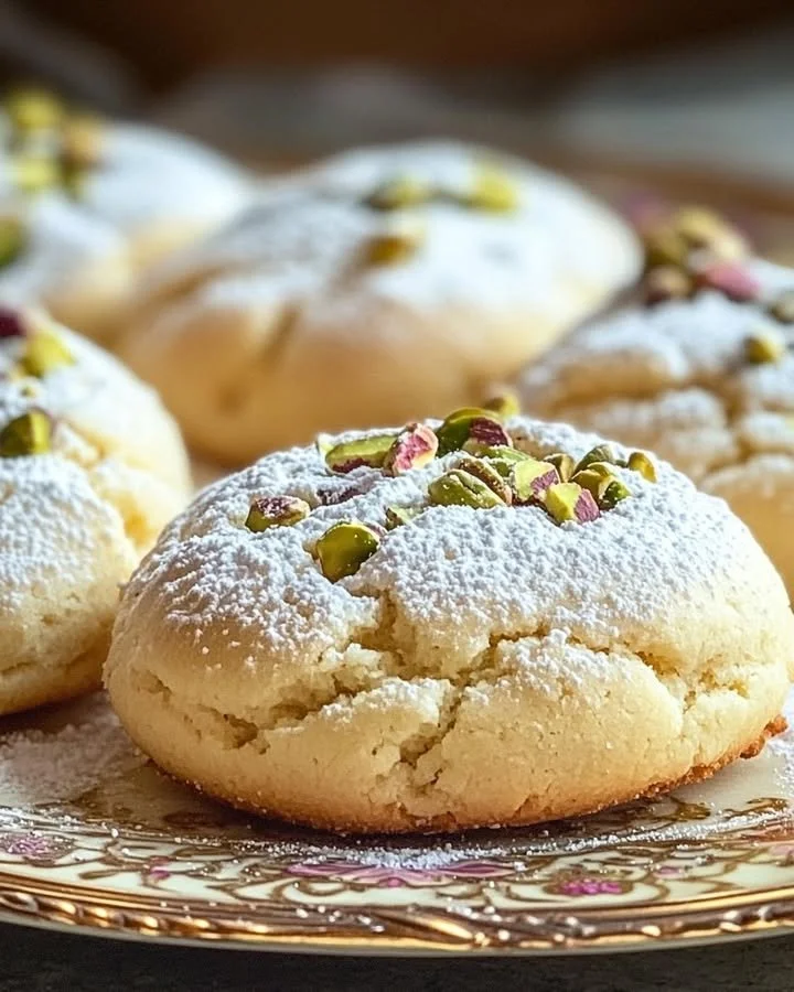 Soft ricotta pistachio pillow cookies on a white plate, garnished with crushed pistachios.