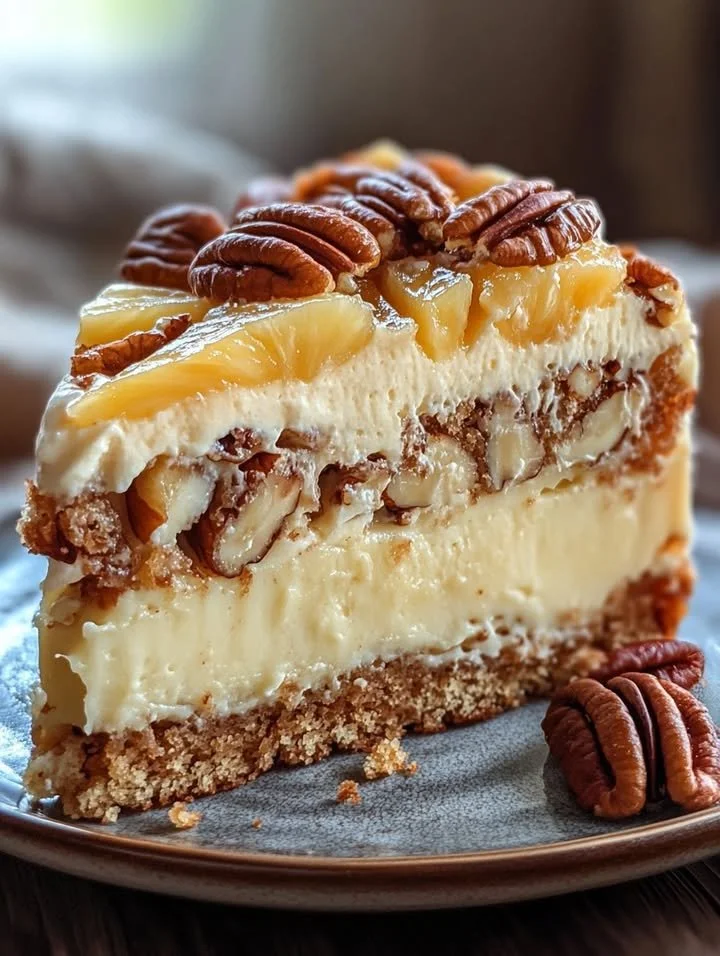 Slice of Southern Creamy Pineapple Pecan Cake with pecans on top