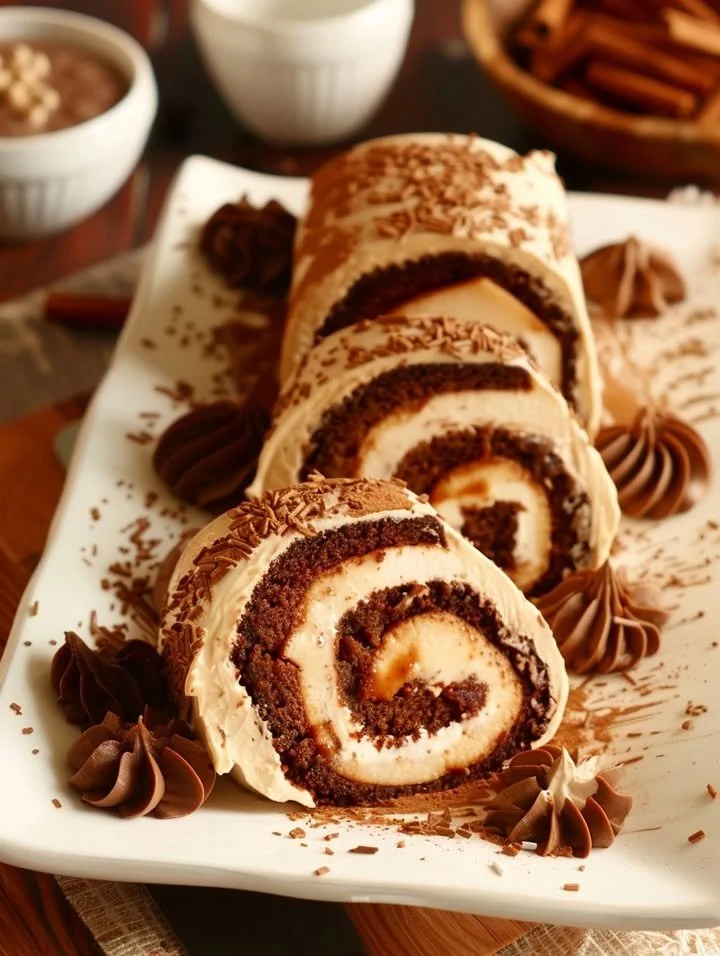 Spiced Apple Caramel Cream Cake Roll with a rich caramel drizzle and apple slices