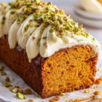 Spiced sweet potato loaf topped with cream cheese and pistachios on a wooden platter