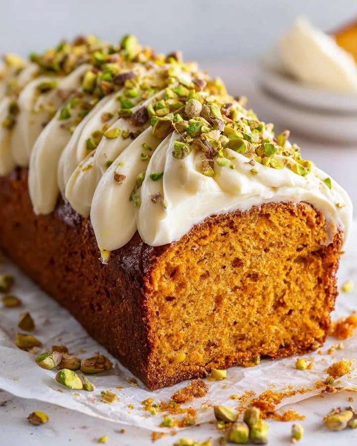 Spiced sweet potato loaf topped with cream cheese and pistachios on a wooden platter
