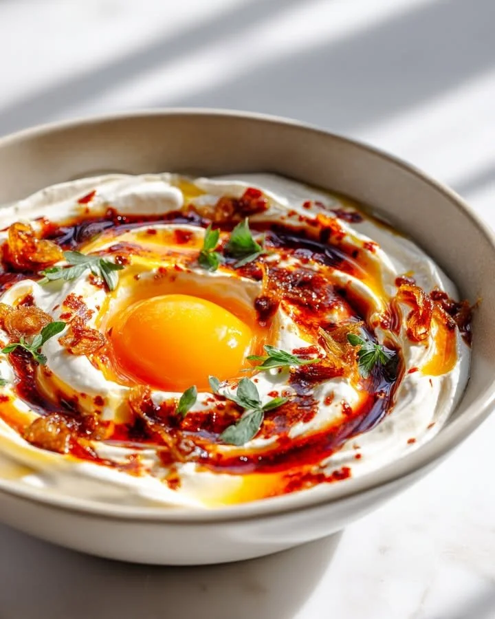 Spicy Butter Yogurt Bowl topped with crispy shallots and a 7-minute egg