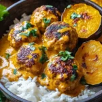 Spicy chicken meatballs with acorn squash and coconut sauce dish