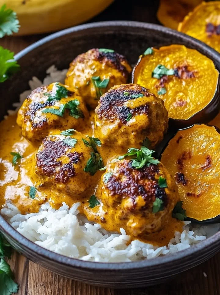 Spicy chicken meatballs with acorn squash and coconut sauce dish