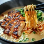 Spicy Garlic Chicken Ramen Bowl garnished with green onions and chili flakes
