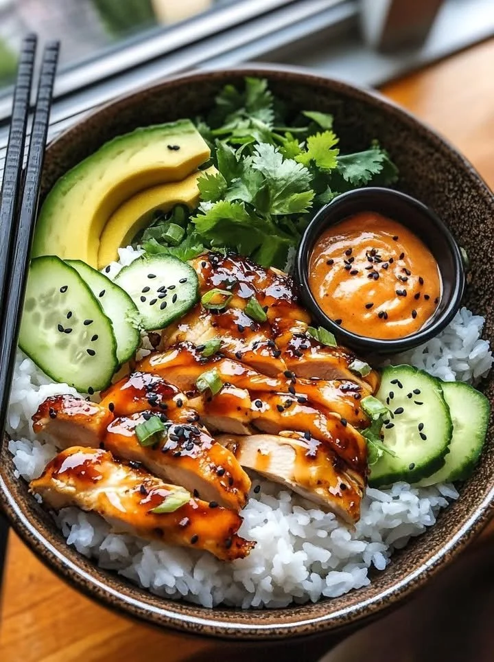 Spicy Honey-Ginger Chicken Bowls topped with Yum Yum Sauce