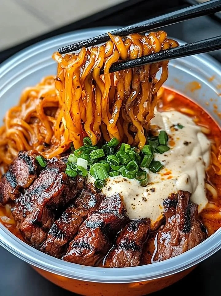 Bowl of spicy Korean ramen with grilled beef and creamy sauce.