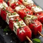 Spicy watermelon and feta skewers with mint-chili syrup on a serving platter