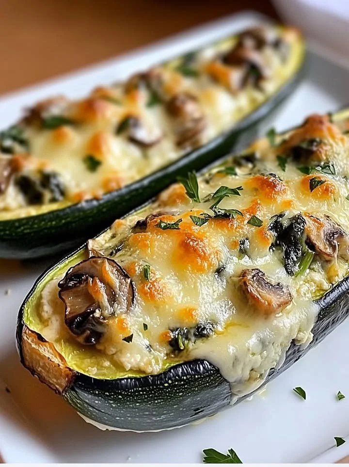 Spinach, mushroom, and ricotta stuffed zucchini on a plate