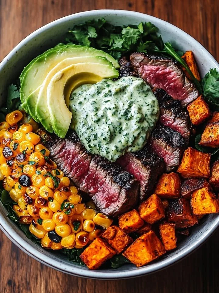 Steak, avocado, and roasted corn bowl drizzled with cilantro cream sauce