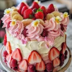 Strawberry and Banana Fairy Tale Cake beautifully decorated for a festive occasion.