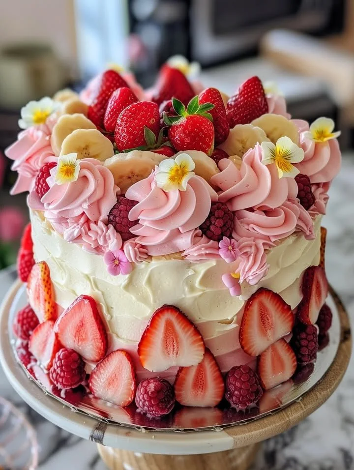 Strawberry and Banana Fairy Tale Cake beautifully decorated for a festive occasion.
