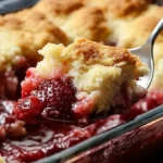 Deliciously creamy Strawberry Cheesecake Dump Cake topped with fresh strawberries