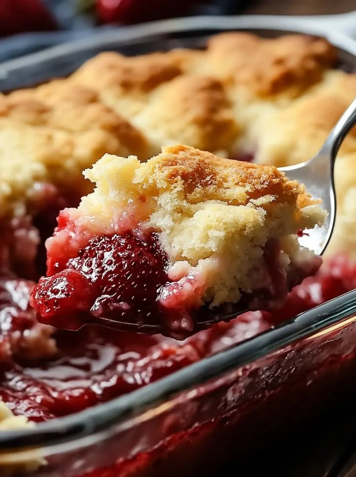 Deliciously creamy Strawberry Cheesecake Dump Cake topped with fresh strawberries