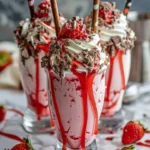 Delicious Strawberry Cheesecake Freakshake topped with whipped cream and strawberries
