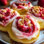 Delicious strawberry cheesecake sweet rolls topped with fresh strawberries and cream.