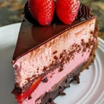 Strawberry chocolate ganache cheesecake topped with fresh strawberries