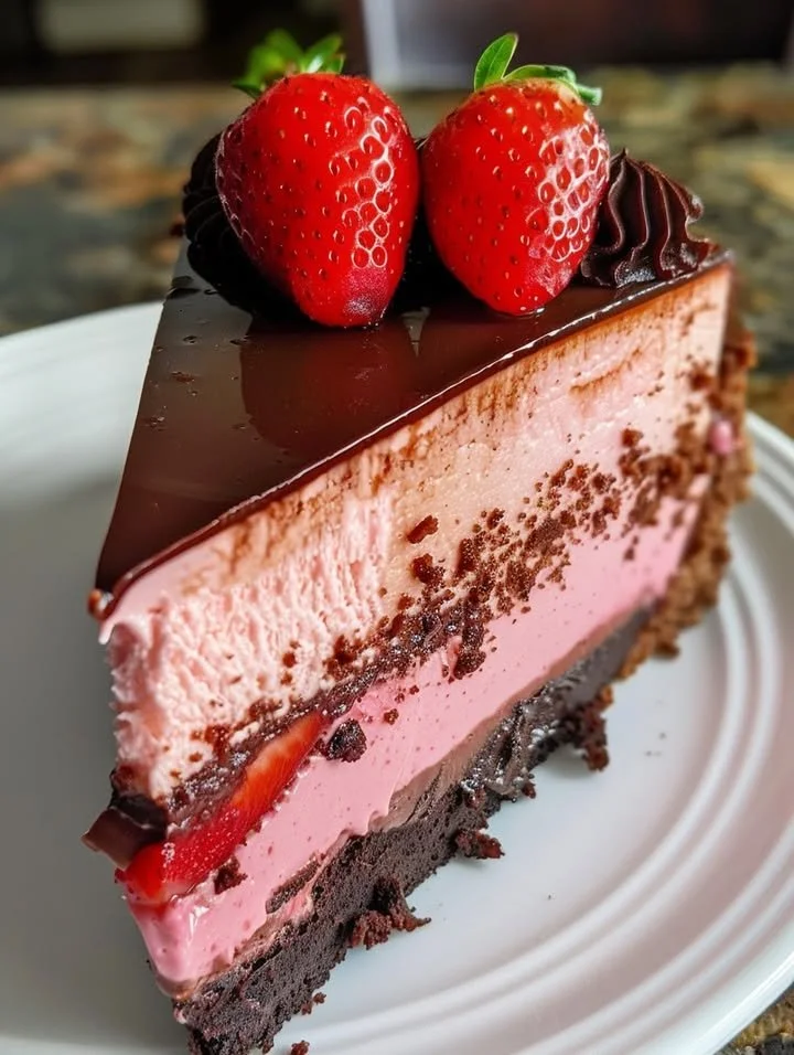 Strawberry chocolate ganache cheesecake topped with fresh strawberries
