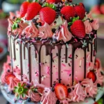 Delicious strawberry drip cake with fresh strawberries and chocolate ganache