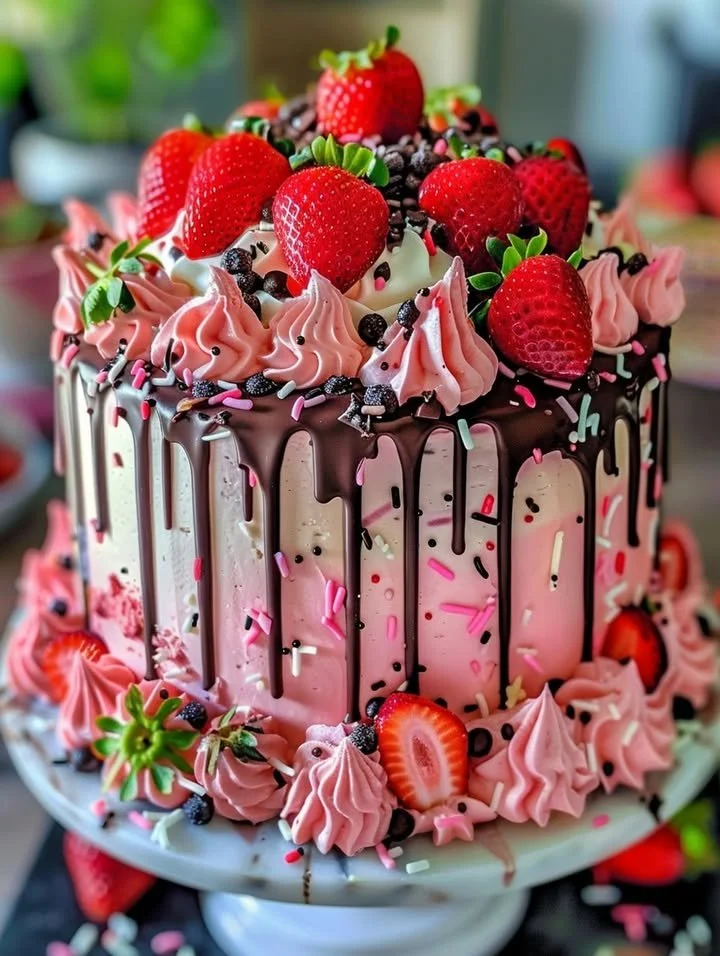 Delicious strawberry drip cake with fresh strawberries and chocolate ganache