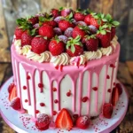 Delicious strawberry drip cake with fresh strawberries and icing on top