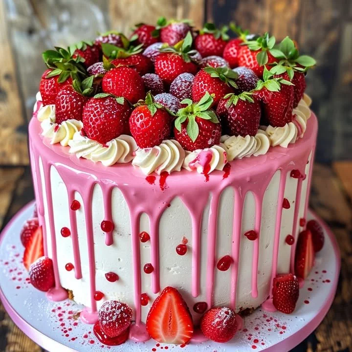 Delicious strawberry drip cake with fresh strawberries and icing on top