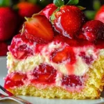 Slice of Strawberry Earthquake Cake with strawberries and whipped cream