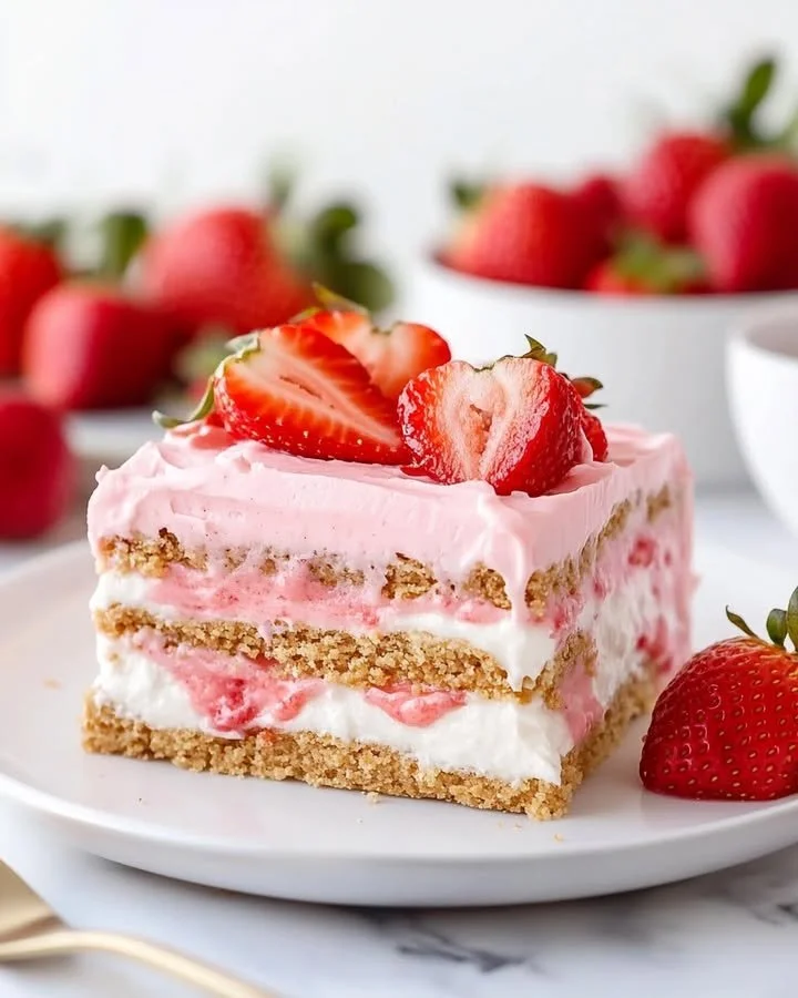 Delicious homemade Strawberry Éclair Cake with creamy filling and fresh strawberries