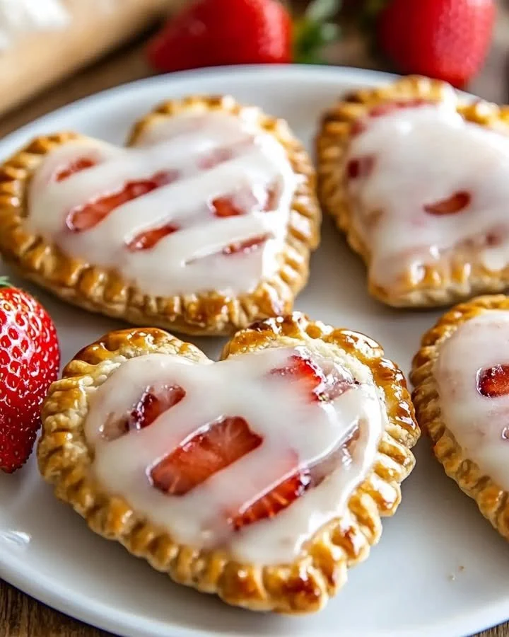 Delicious homemade strawberry hand pies on a wooden table