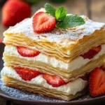 Strawberry Mascarpone Napoleon dessert with layers of strawberries and mascarpone cream