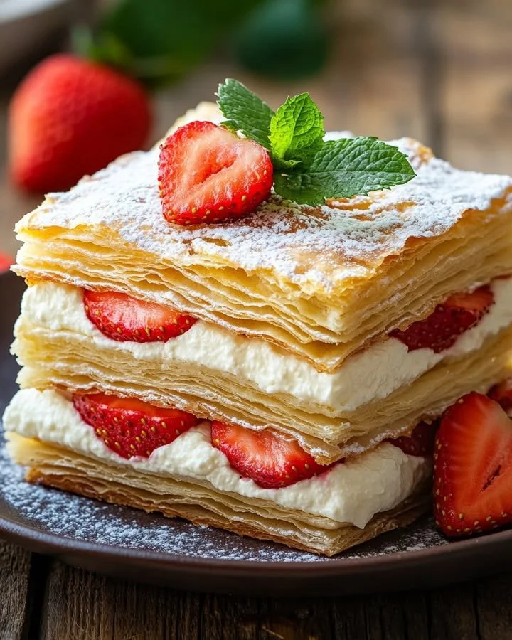 Strawberry Mascarpone Napoleon dessert with layers of strawberries and mascarpone cream