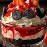 Strawberry Oreo Cheesecake Cup topped with fresh strawberries and crushed Oreos.
