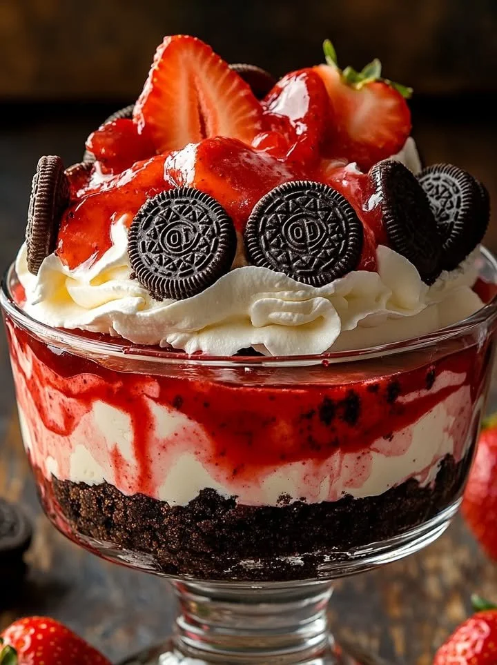 Strawberry Oreo Cheesecake Cup topped with fresh strawberries and crushed Oreos.