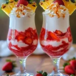 Strawberry Piña Colada garnished with whipped topping and fresh strawberries