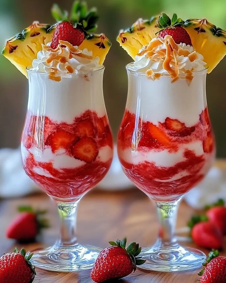 Strawberry Piña Colada garnished with whipped topping and fresh strawberries