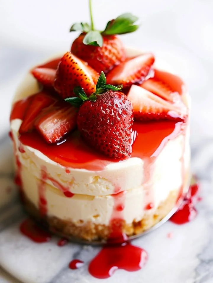 Strawberry Shortcake Cheesecake topped with fresh strawberries