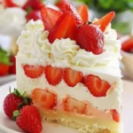Delicious Strawberry Shortcake Cheesecake topped with fresh strawberries and whipped cream.