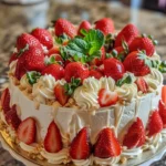 Delicious Strawberry Three Milks Cake topped with fresh strawberries and cream.