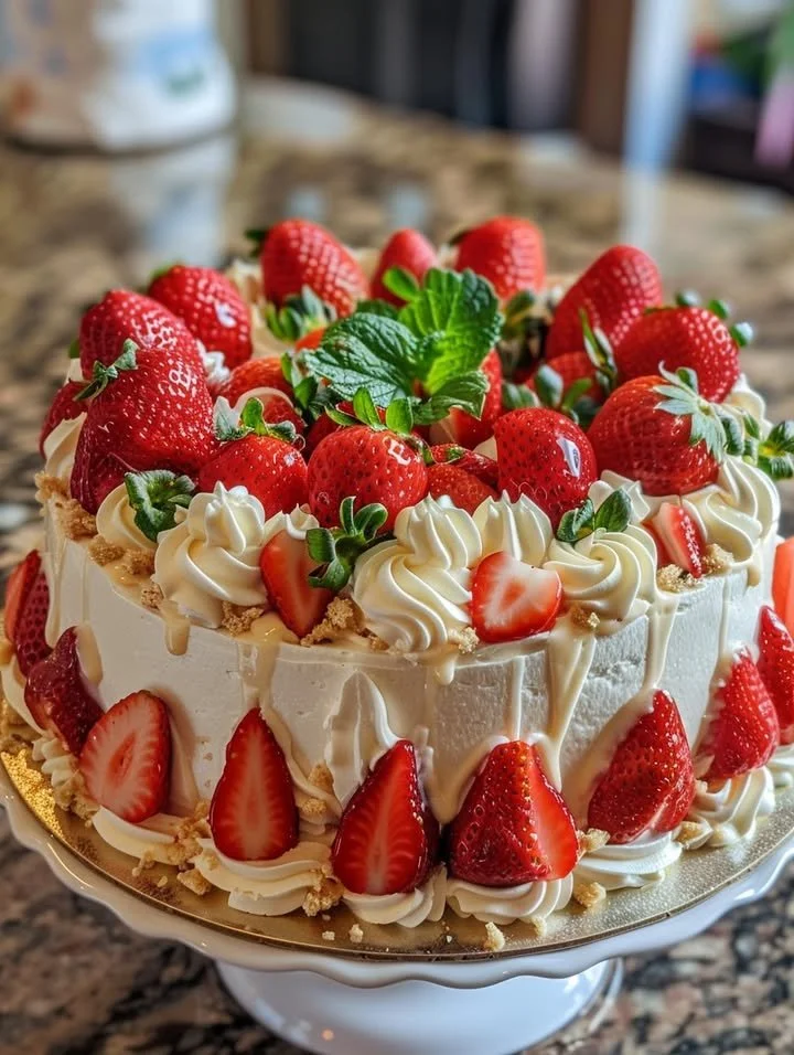 Delicious Strawberry Three Milks Cake topped with fresh strawberries and cream.