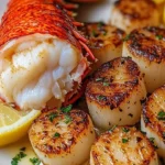 Delicious garlic butter lobster and scallops garnished with herbs.