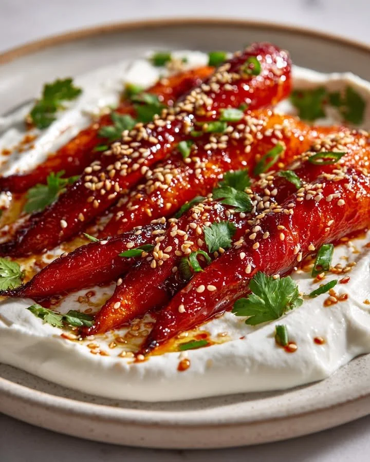 Sweet Heat Carrots glazed with Gochujang, served on a plate.