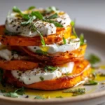 Sweet Potato Burrata Stacks garnished with herbs and spices