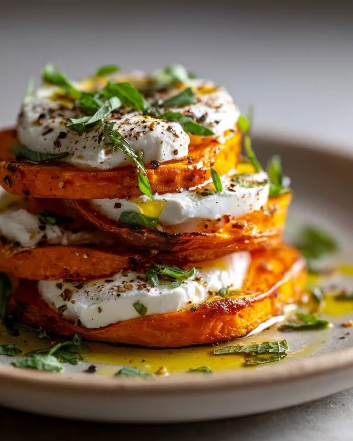 Sweet Potato Burrata Stacks garnished with herbs and spices