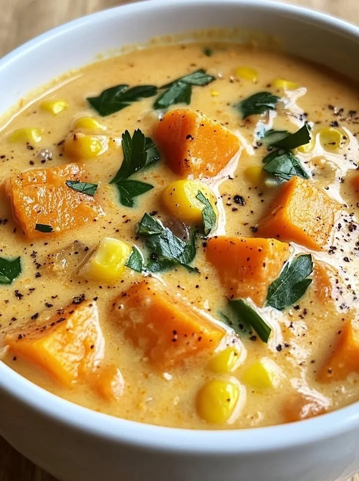 Bowl of creamy sweet potato chowder topped with fresh herbs
