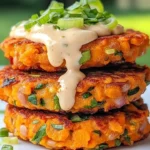 Delicious sweet potato patties with red lentils and tangy tahini dressing on a plate.