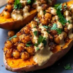 Sweet potatoes topped with tahini butter and chickpeas on a plate