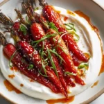 Swicy Gochujang and Honey Glazed Carrots served on yogurt dish