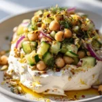 Swicy Orzo Salad served on a whipped feta cloud, vibrant and delicious dish.